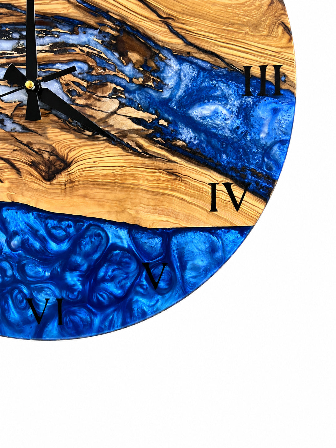 Roman Blue Drift Olive Wood & Resin Wall Clock — product photograph, view 5