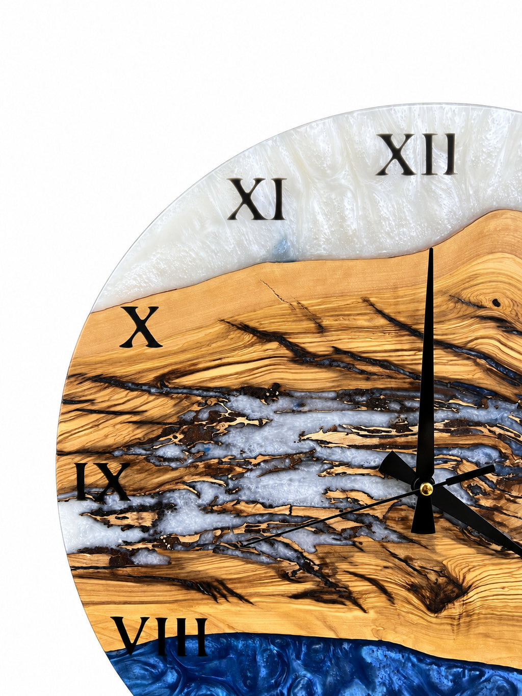 Roman Blue Drift Olive Wood & Resin Wall Clock — product photograph, view 3