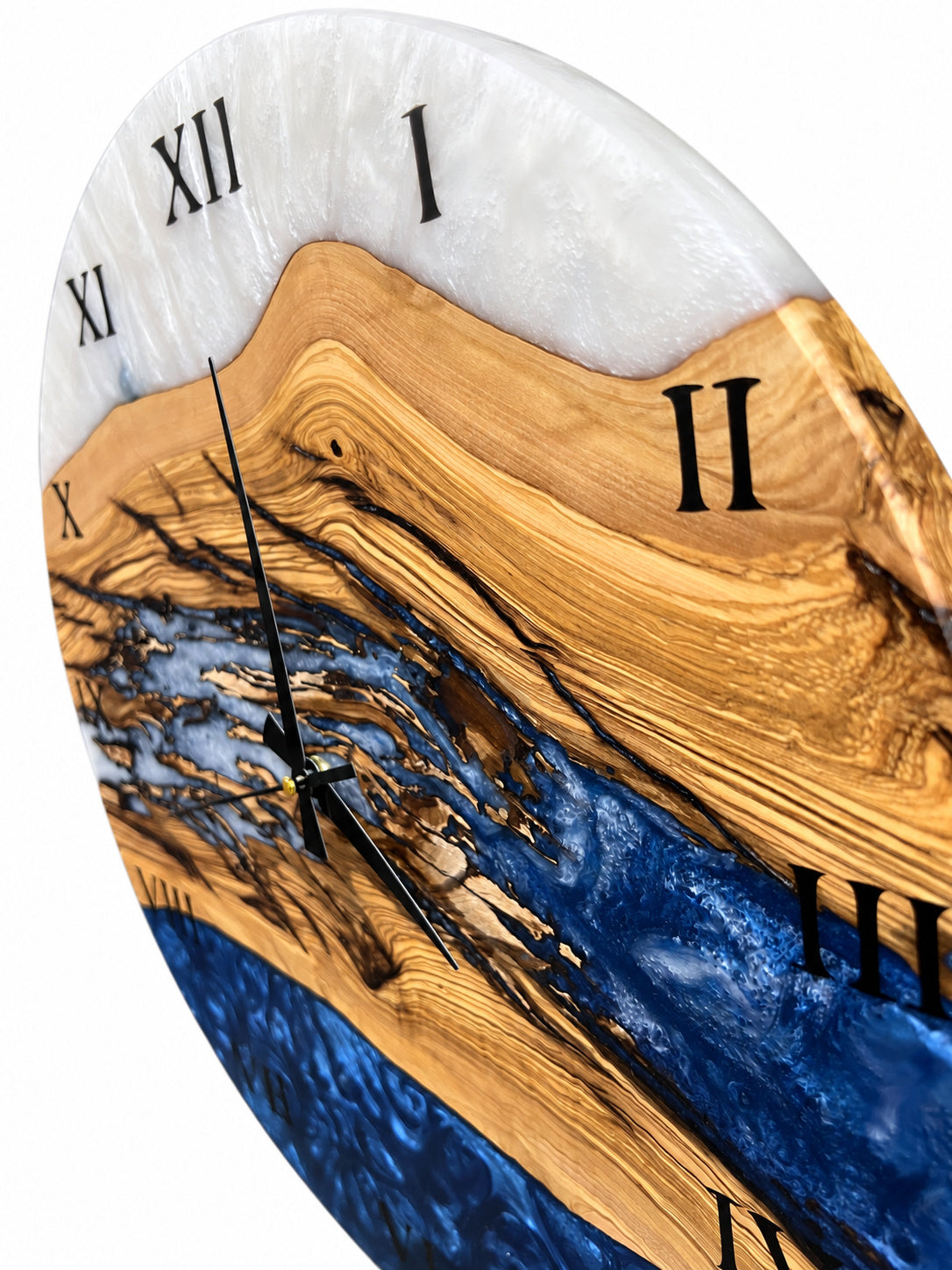 Roman Blue Drift Olive Wood & Resin Wall Clock — product photograph, view 8