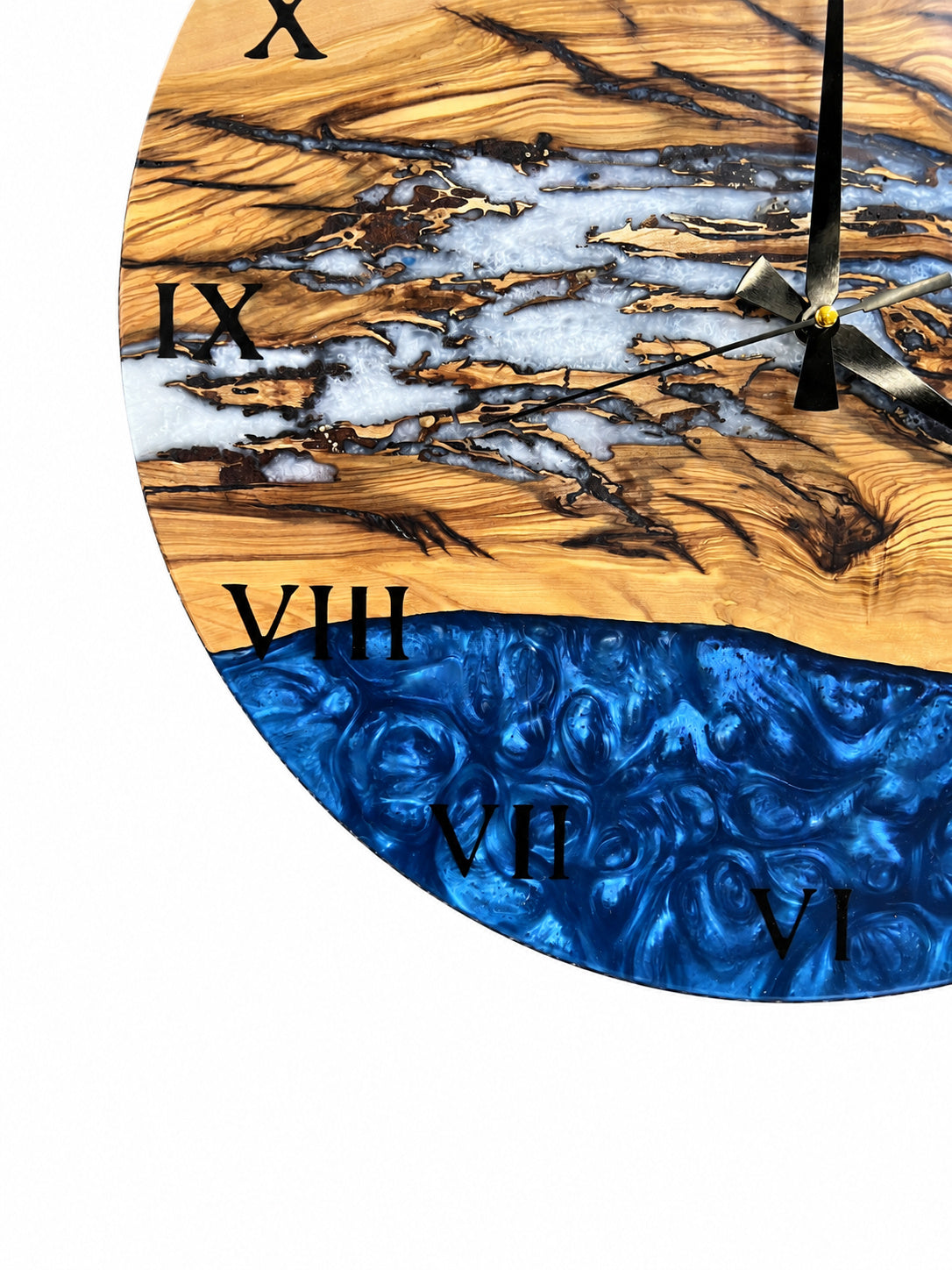 Roman Blue Drift Olive Wood & Resin Wall Clock — product photograph, view 6