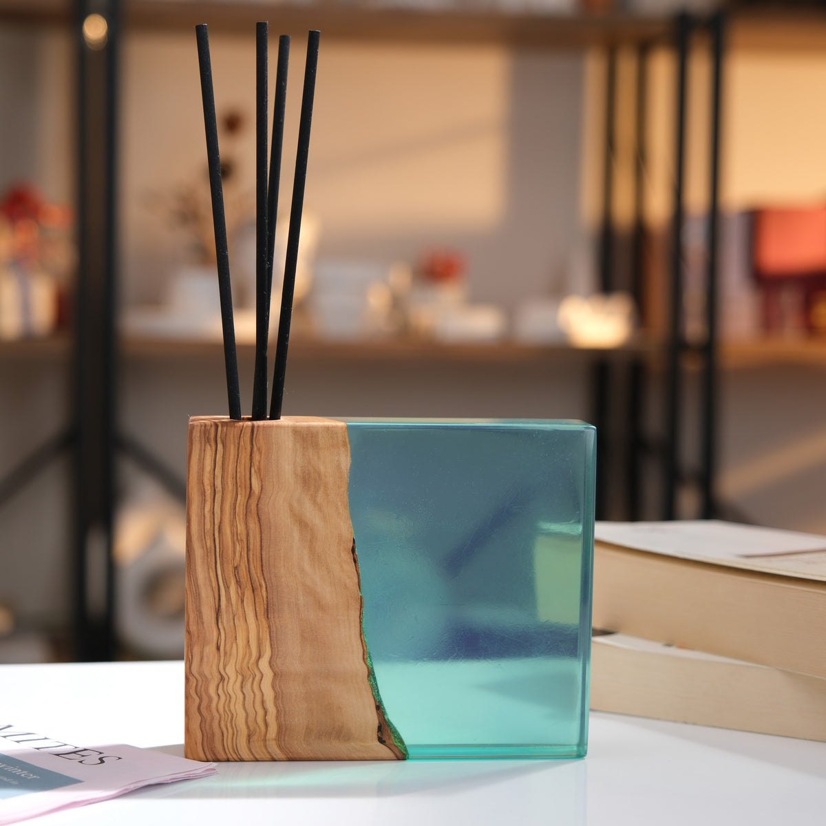 Green olive wood and resin reed diffuser, fragrance oil not included — view 1