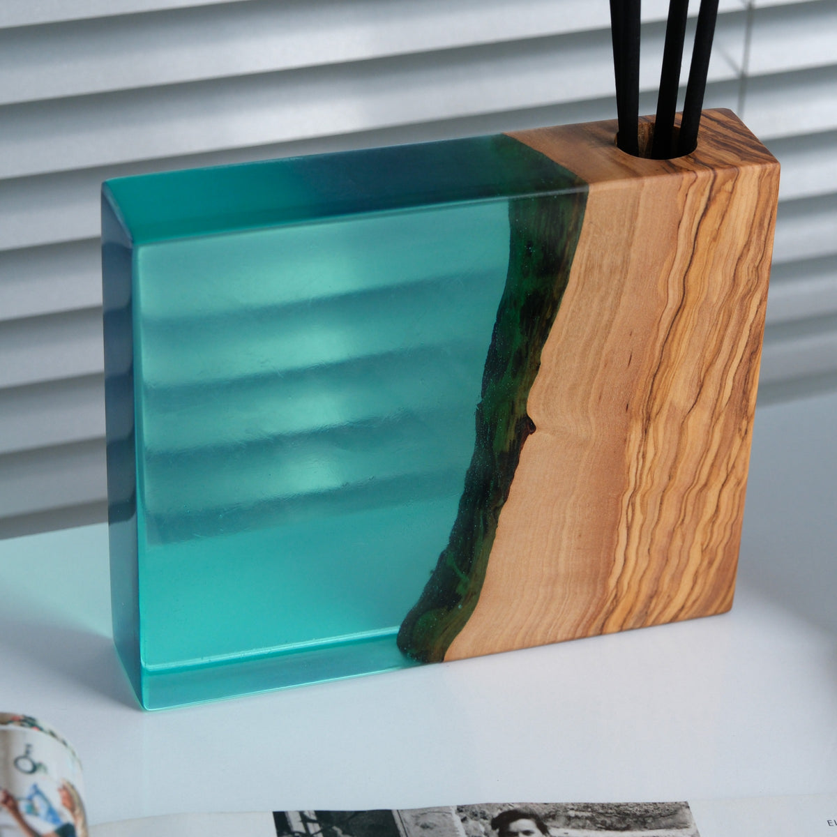 Green olive wood and resin reed diffuser, fragrance oil not included — view 2