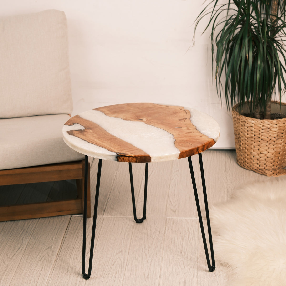 Pearl White Resin Olive Wood Coffee Table — full table view
