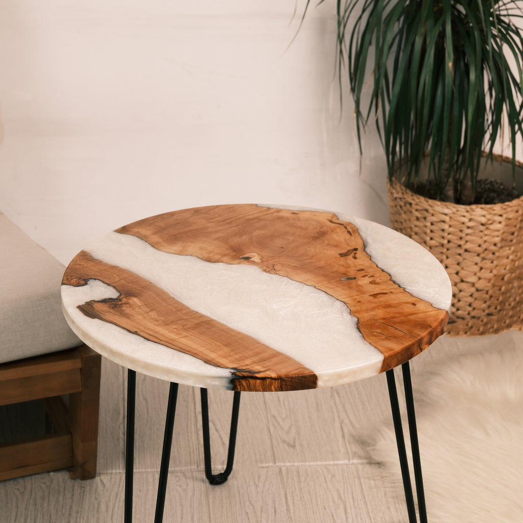 Pearl White Resin Olive Wood Coffee Table — product view 2