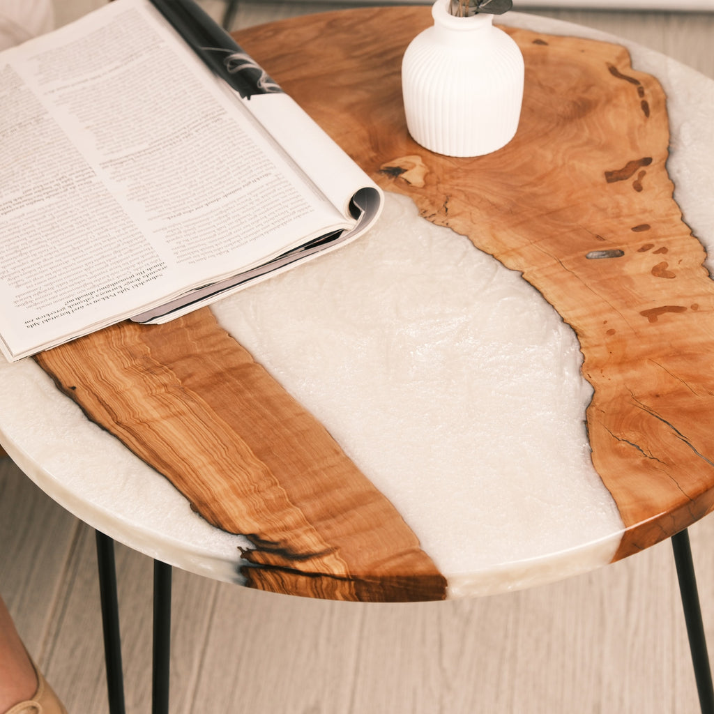 Pearl White Resin Olive Wood Coffee Table — product view 4
