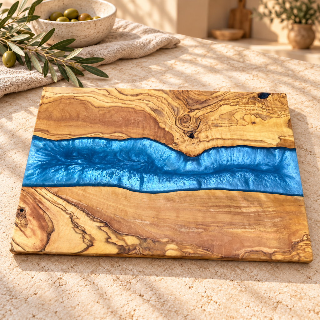 Sapphire River Olive Wood Serving Board - styled detail view 7404