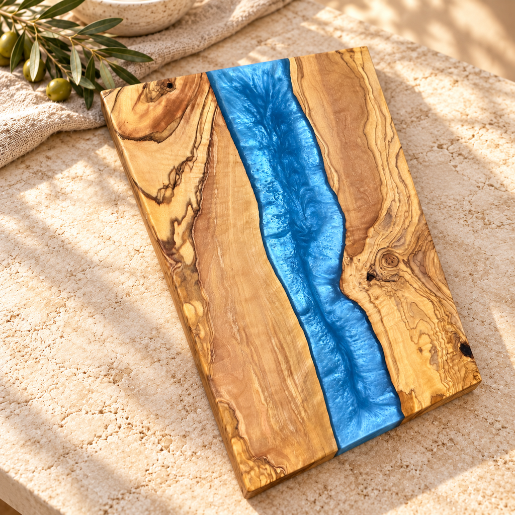 Sapphire River Olive Wood Serving Board - styled detail view 7405