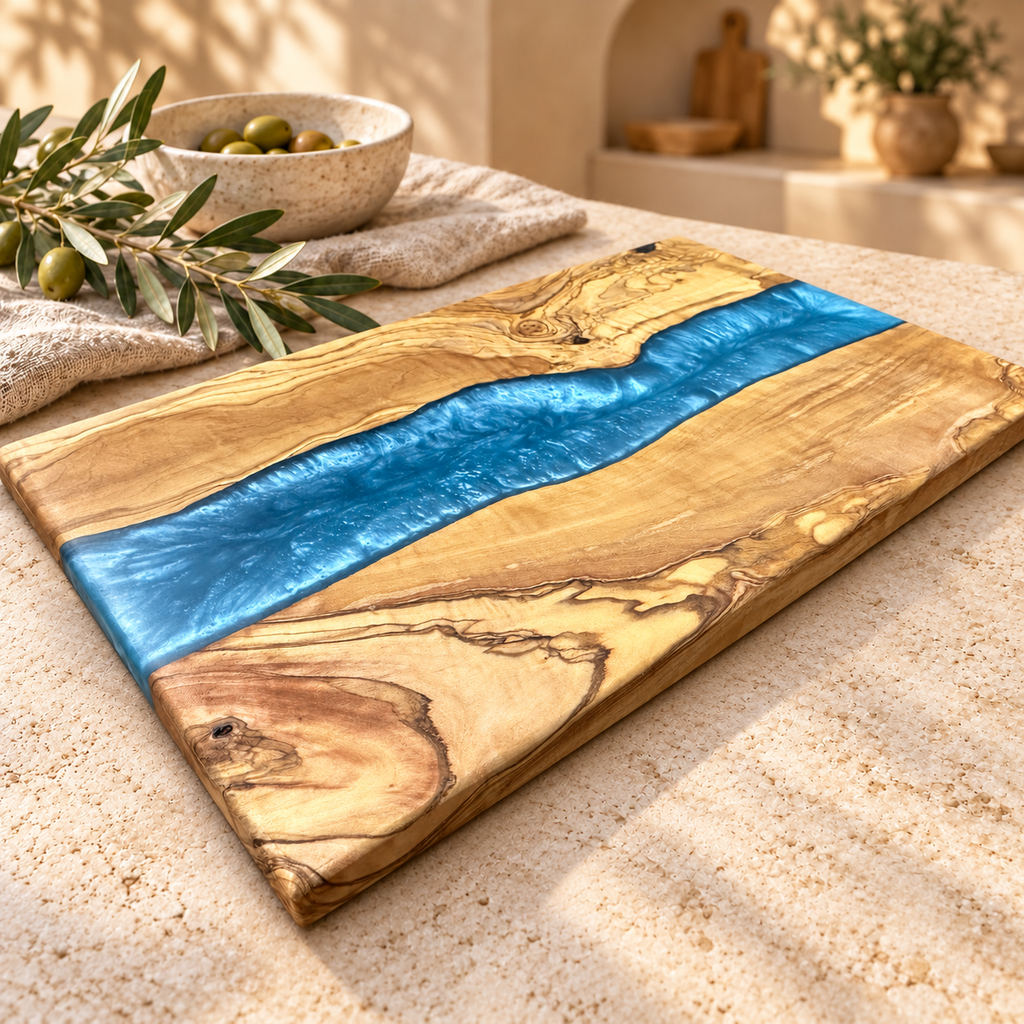 Sapphire River Olive Wood Serving Board - styled detail view 7406