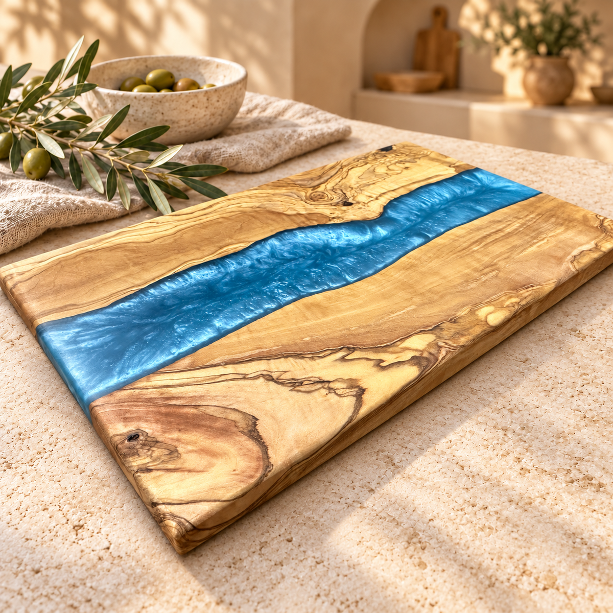 Sapphire River Olive Wood Serving Board - styled detail view 7406
