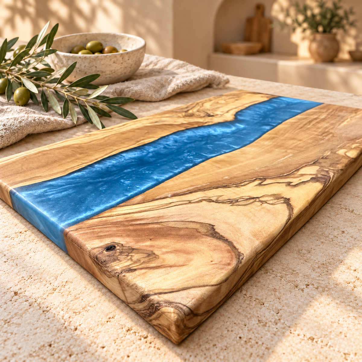 Sapphire River Olive Wood Serving Board - styled detail view 7407