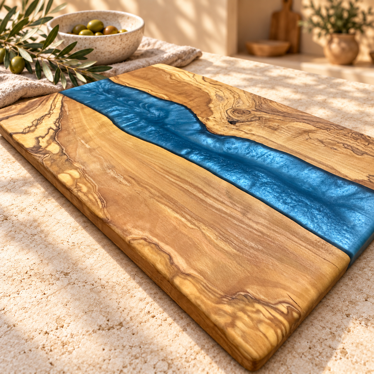 Sapphire River Olive Wood Serving Board - styled detail view 7409