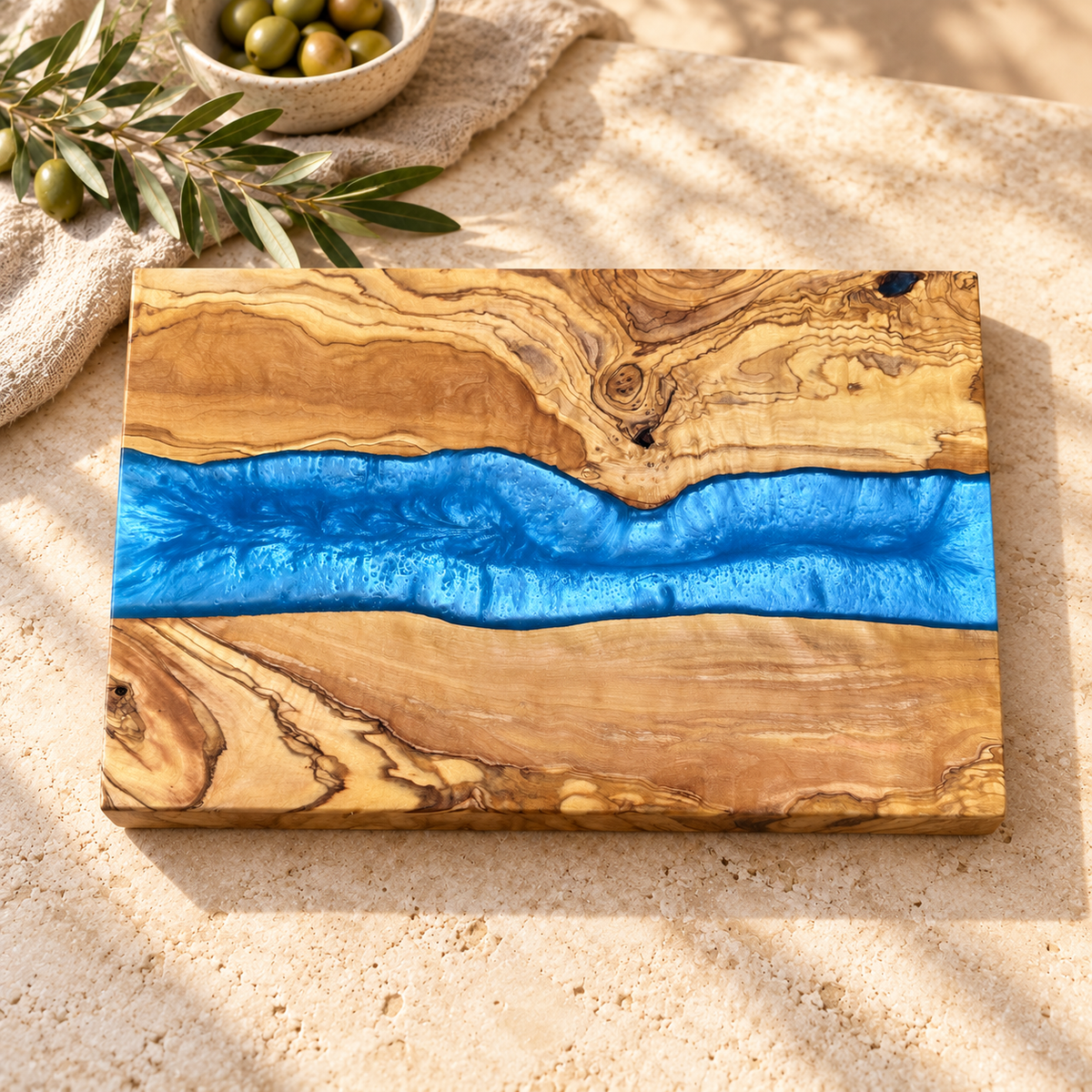 Sapphire River Olive Wood Serving Board - styled detail view 7410