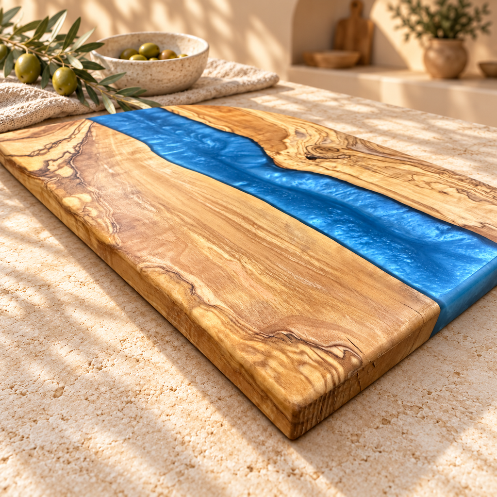 Sapphire River Olive Wood Serving Board - styled detail view 7412