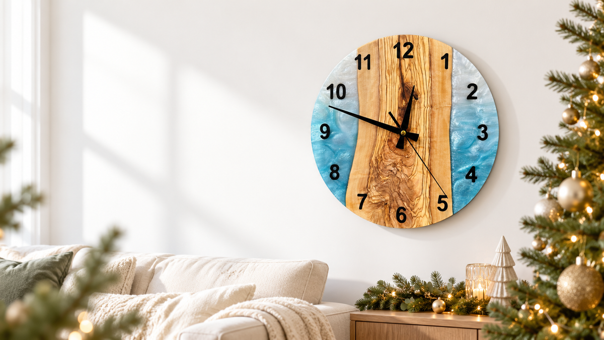 ArtWoodLab turquoise and white olive wood wall clock in a styled holiday living room
