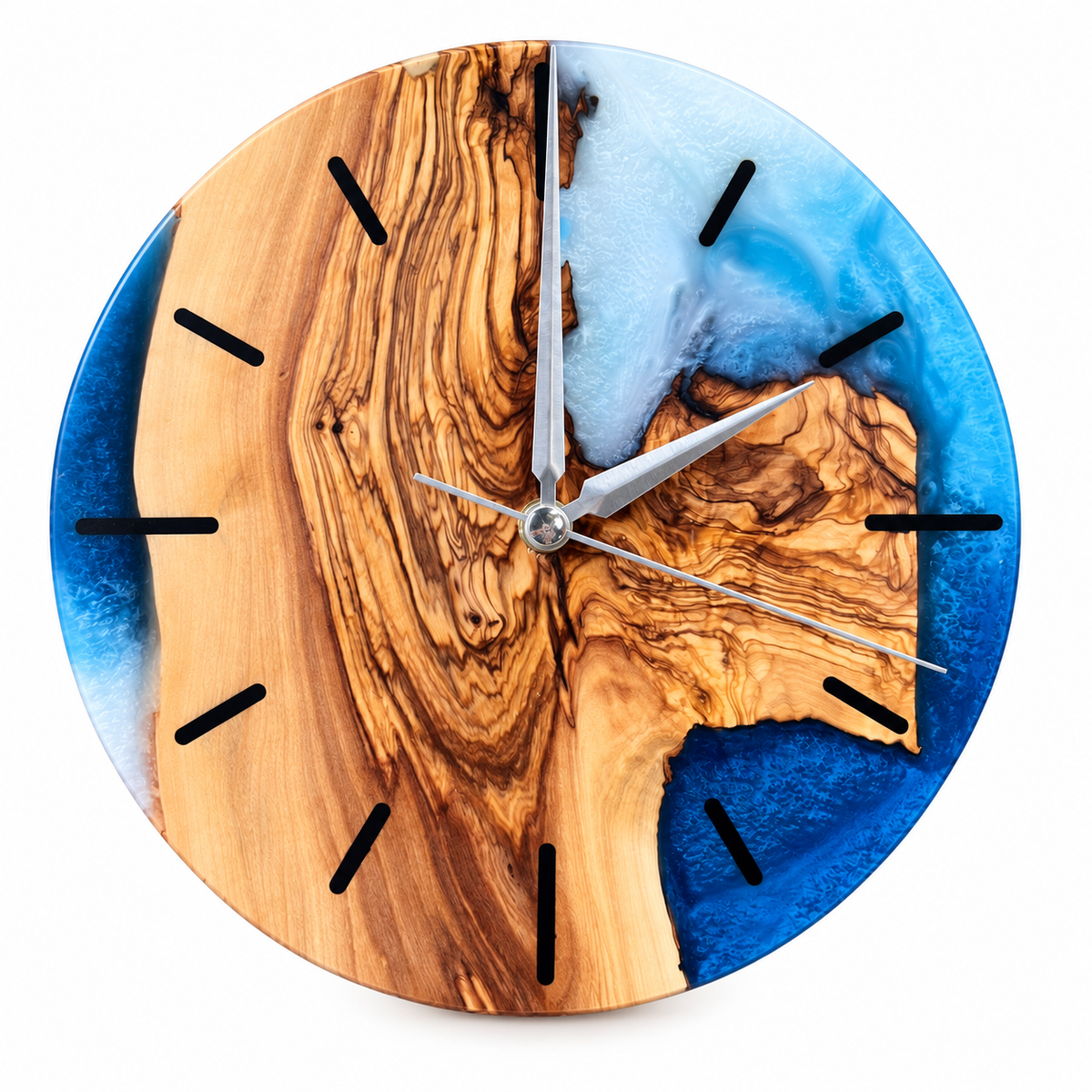 Azure Cape Olive Wood & Resin Wall Clock in blue and pearly white on a white background