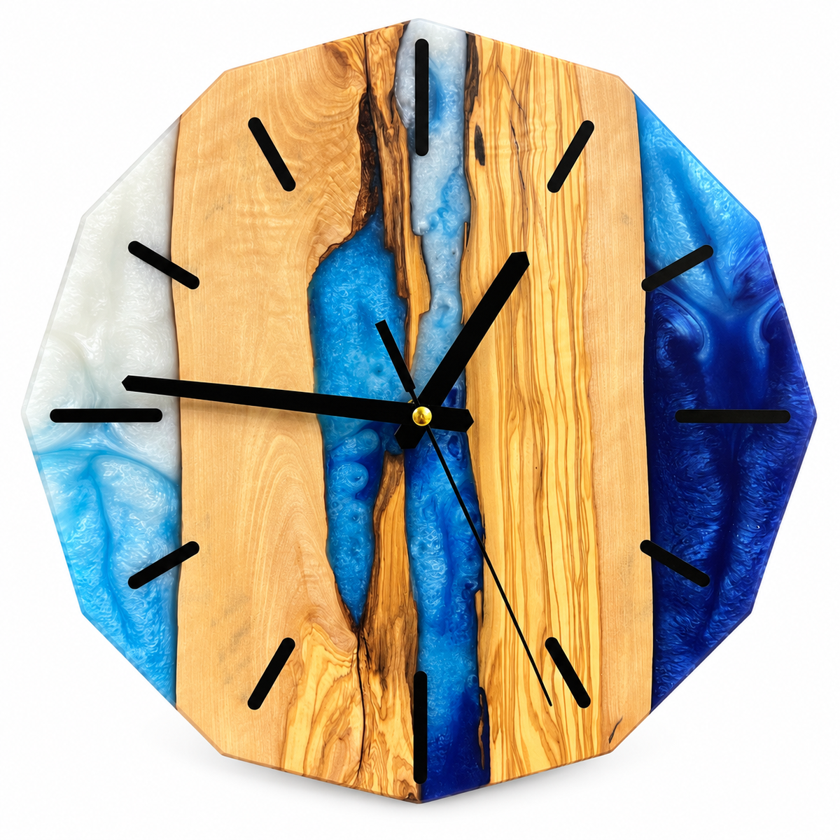 Azure Divide Olive Wood & Resin Wall Clock in blue and pearly white on a white background