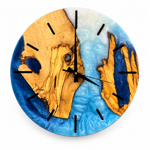 Azure Split Olive Wood & Resin Wall Clock in blue and white on a white background