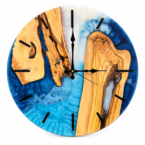Azure Trio Olive Wood & Resin Wall Clock in blue and white on a white background