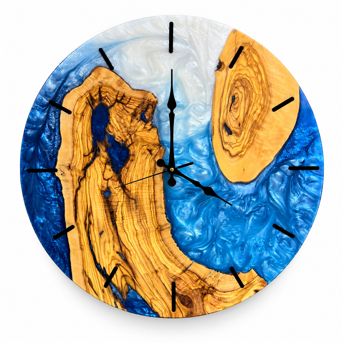 Blue Atoll Olive Wood & Resin Wall Clock in blue and white on a white background