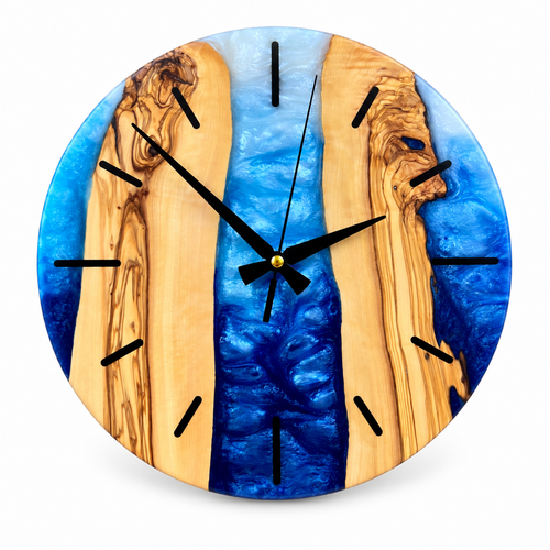 Blue Canyon Olive Wood & Resin Wall Clock in blue and white on a white background