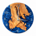 Blue Coast Map Olive Wood & Resin Wall Clock in blue and white on a white background