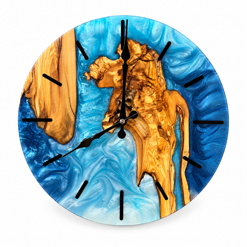 Blue Coastline Olive Wood & Resin Wall Clock in blue and white on a white background