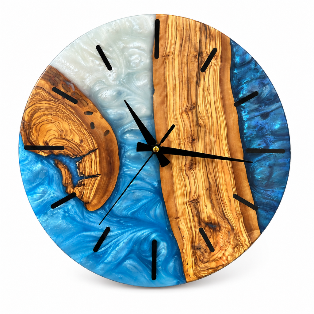 Blue Crescent Olive Wood & Resin Wall Clock — full front view on white