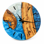 Blue Crescent Olive Wood & Resin Wall Clock — full front view on white