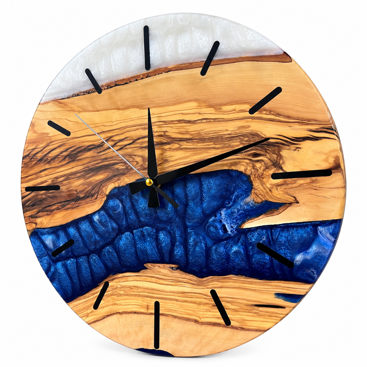 Blue Delta Olive Wood & Resin Wall Clock in blue and white on a white background