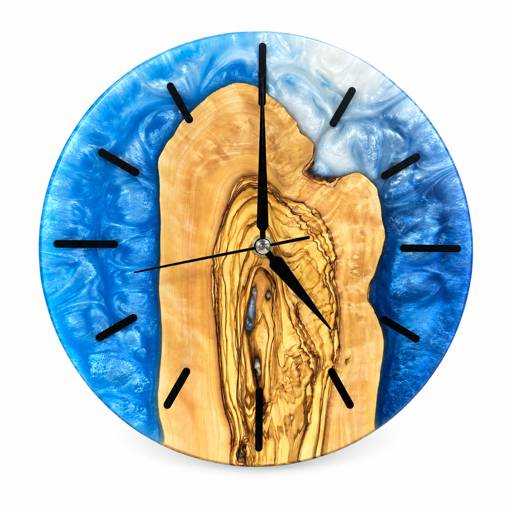 Blue Heartwood Olive Wood & Resin Wall Clock — full front view on white