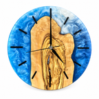 Blue Heartwood Olive Wood & Resin Wall Clock — full front view on white
