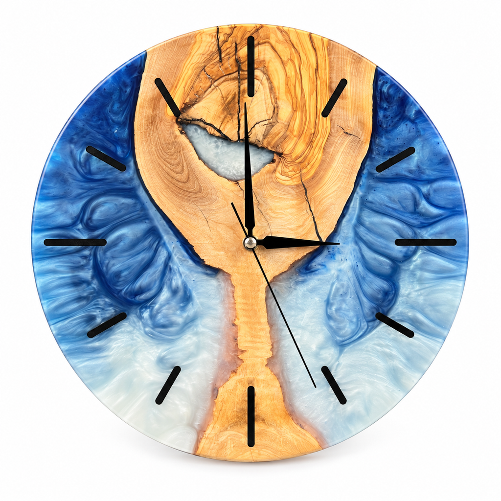 Blue Hourglass Olive Wood & Resin Wall Clock — full front view on white