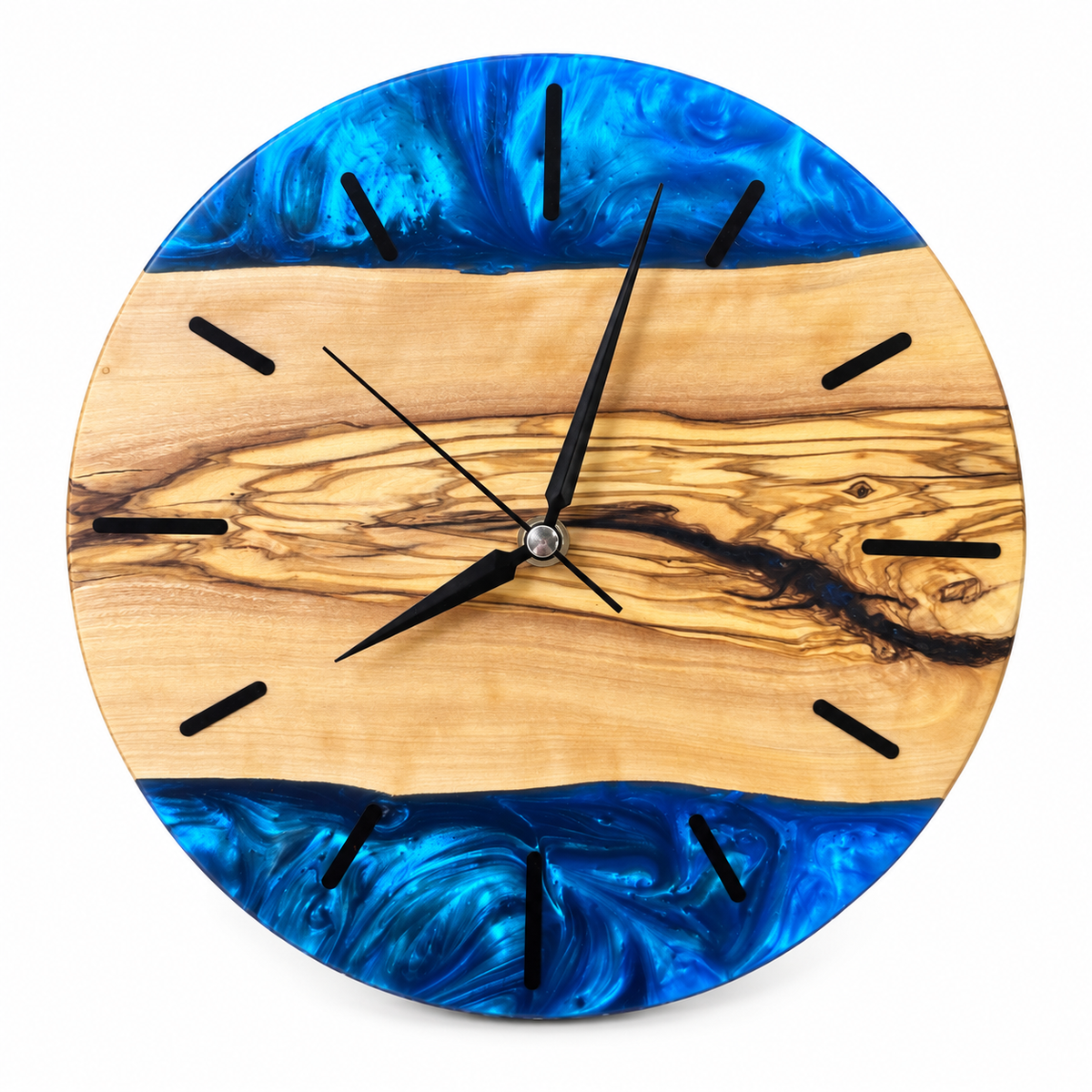 Blue Latitude Olive Wood & Resin Wall Clock in blue resin on a white background