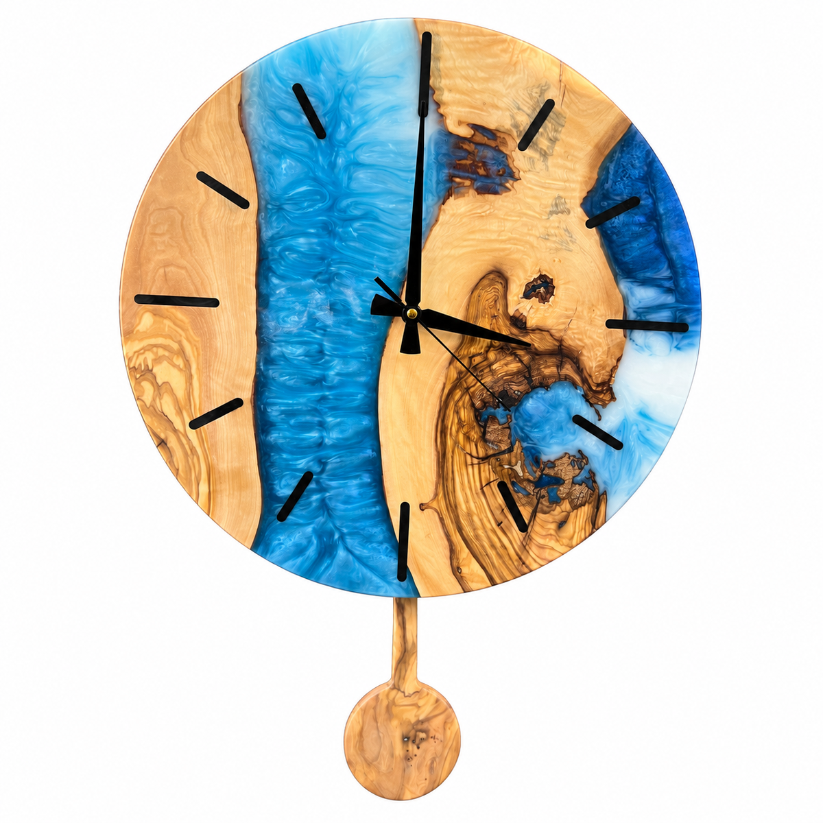 Blue Pendulum Olive Wood & Resin Wall Clock in blue and white on a white background