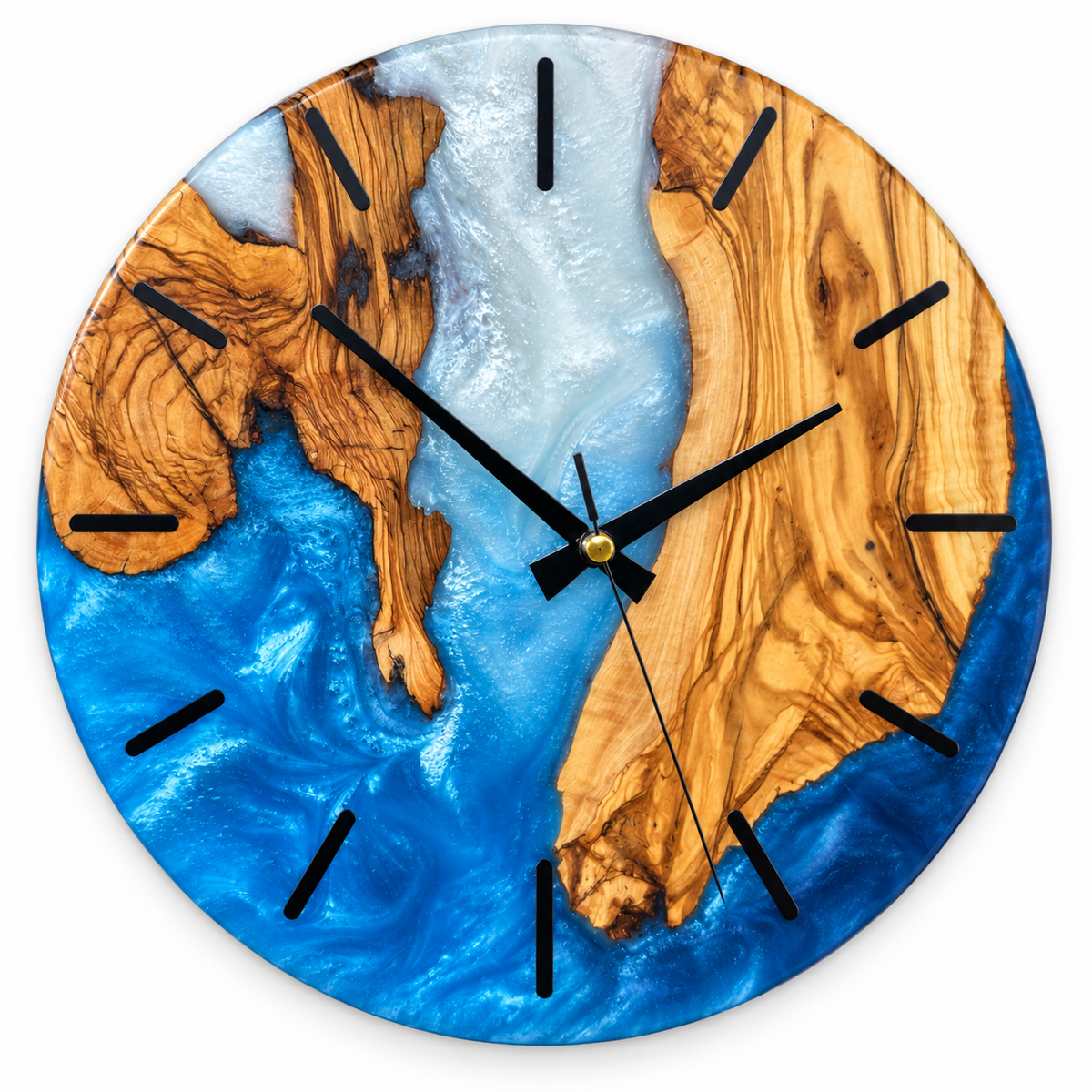 Blue Peninsula Olive Wood & Resin Wall Clock - full front view on white