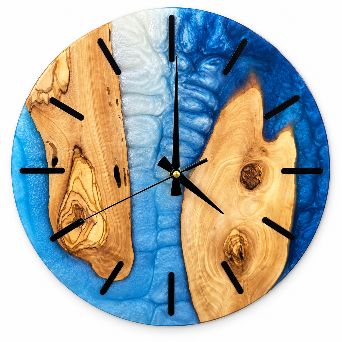 Blue Twin Shores Olive Wood & Resin Wall Clock - full front view on white