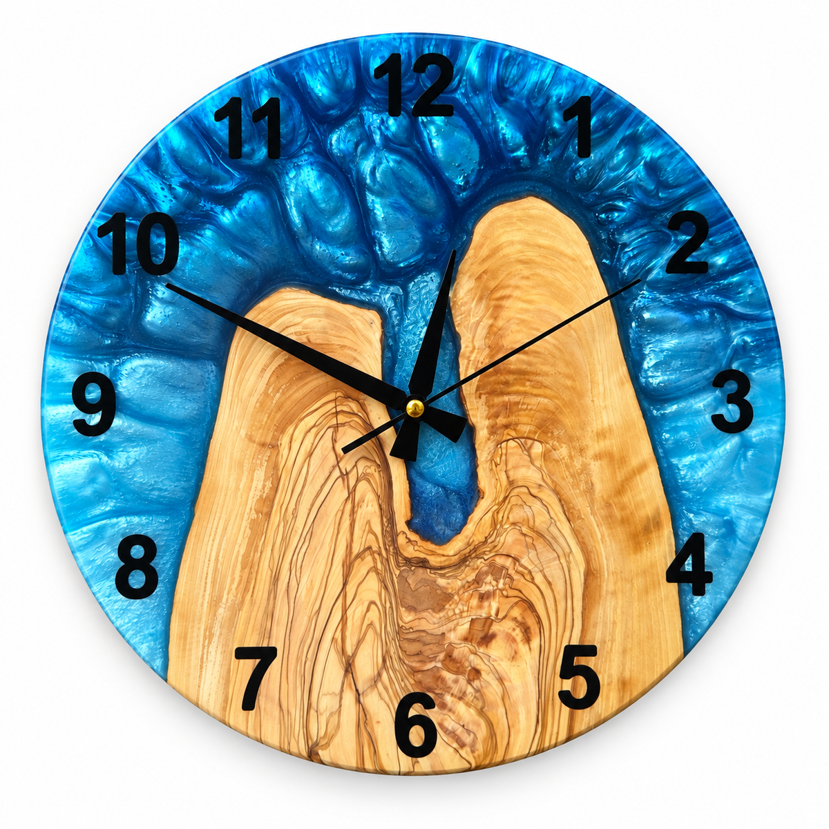 Blue Upland Olive Wood & Resin Wall Clock - full front view on white