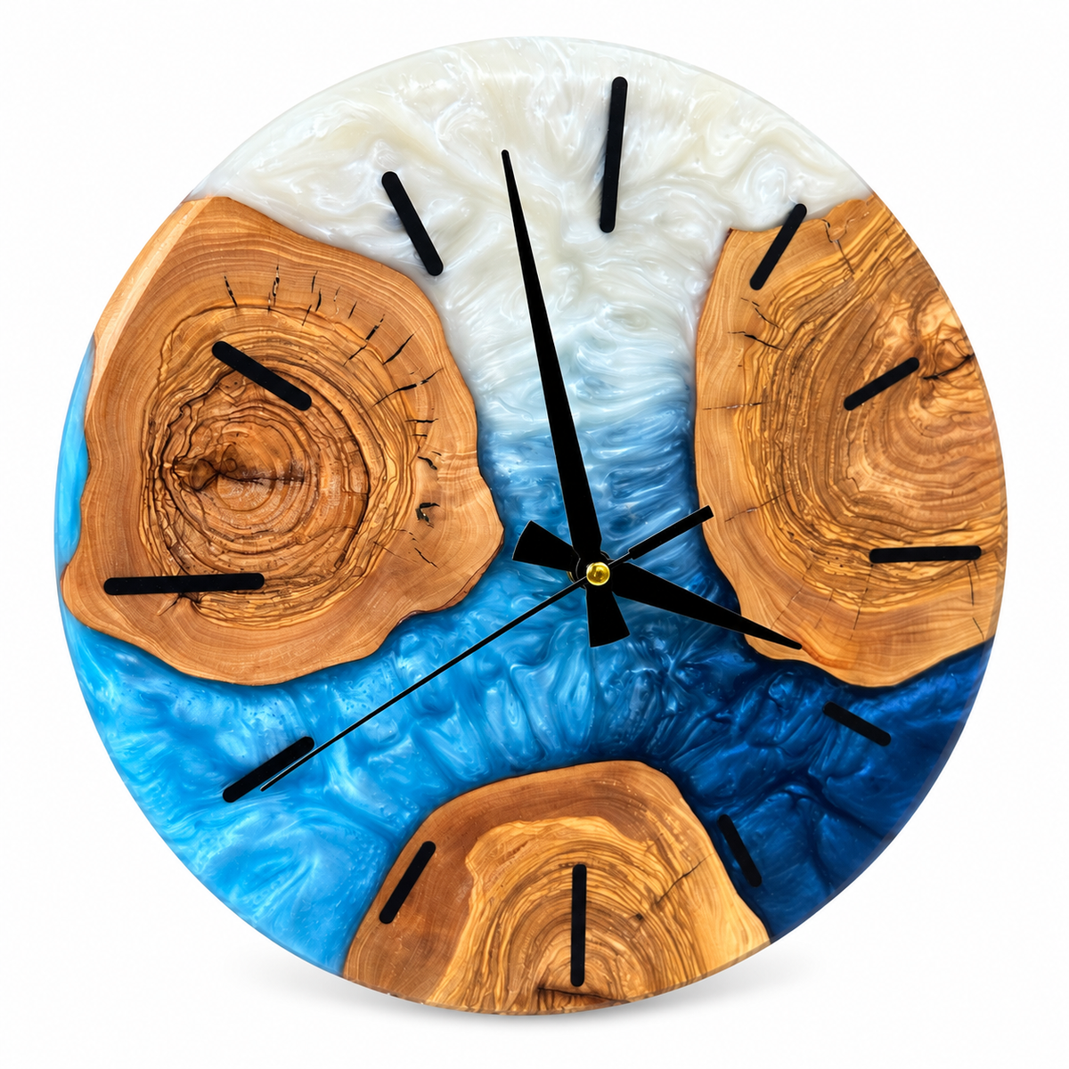 Blue Wood Circles Olive Wood & Resin Wall Clock in blue and white on a white background