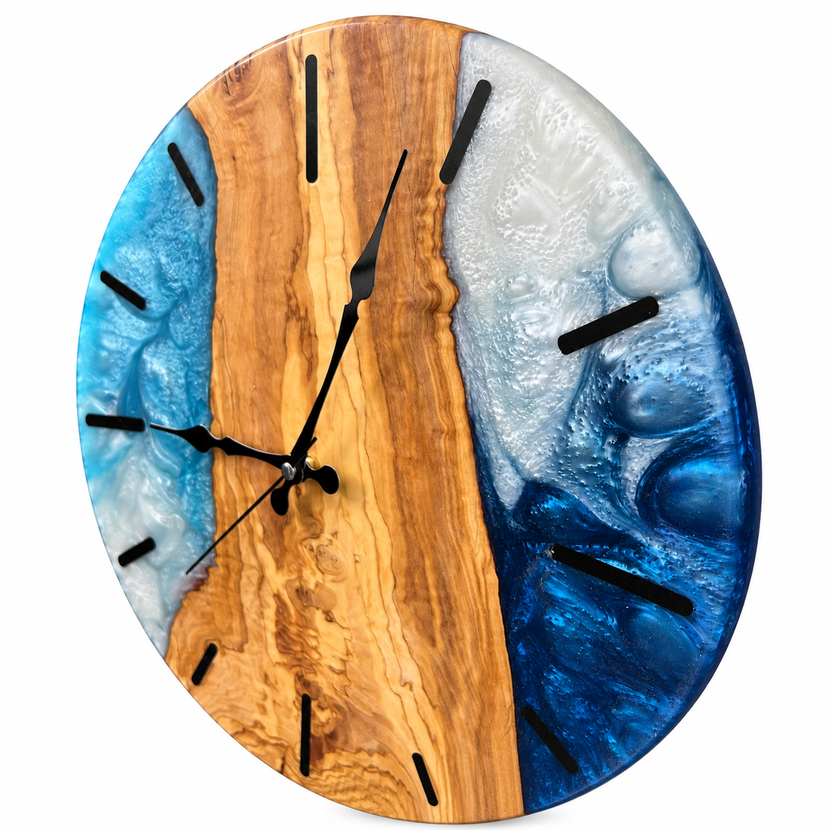 Blue Woodland Olive Wood & Resin Wall Clock in blue and pearly white on a white background