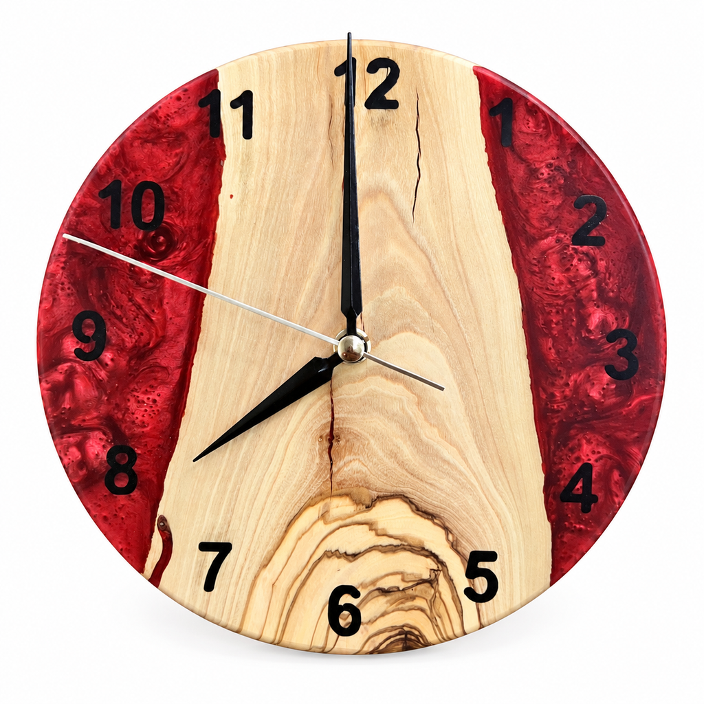 Burgundy Valley Olive Wood & Resin Wall Clock — full front view on white