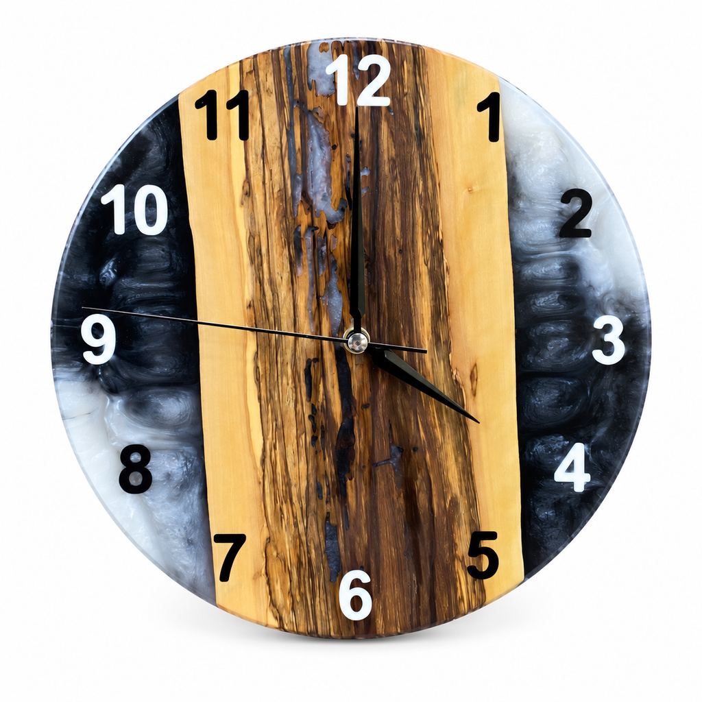 Charcoal Divide Olive Wood & Resin Wall Clock — full front view on white