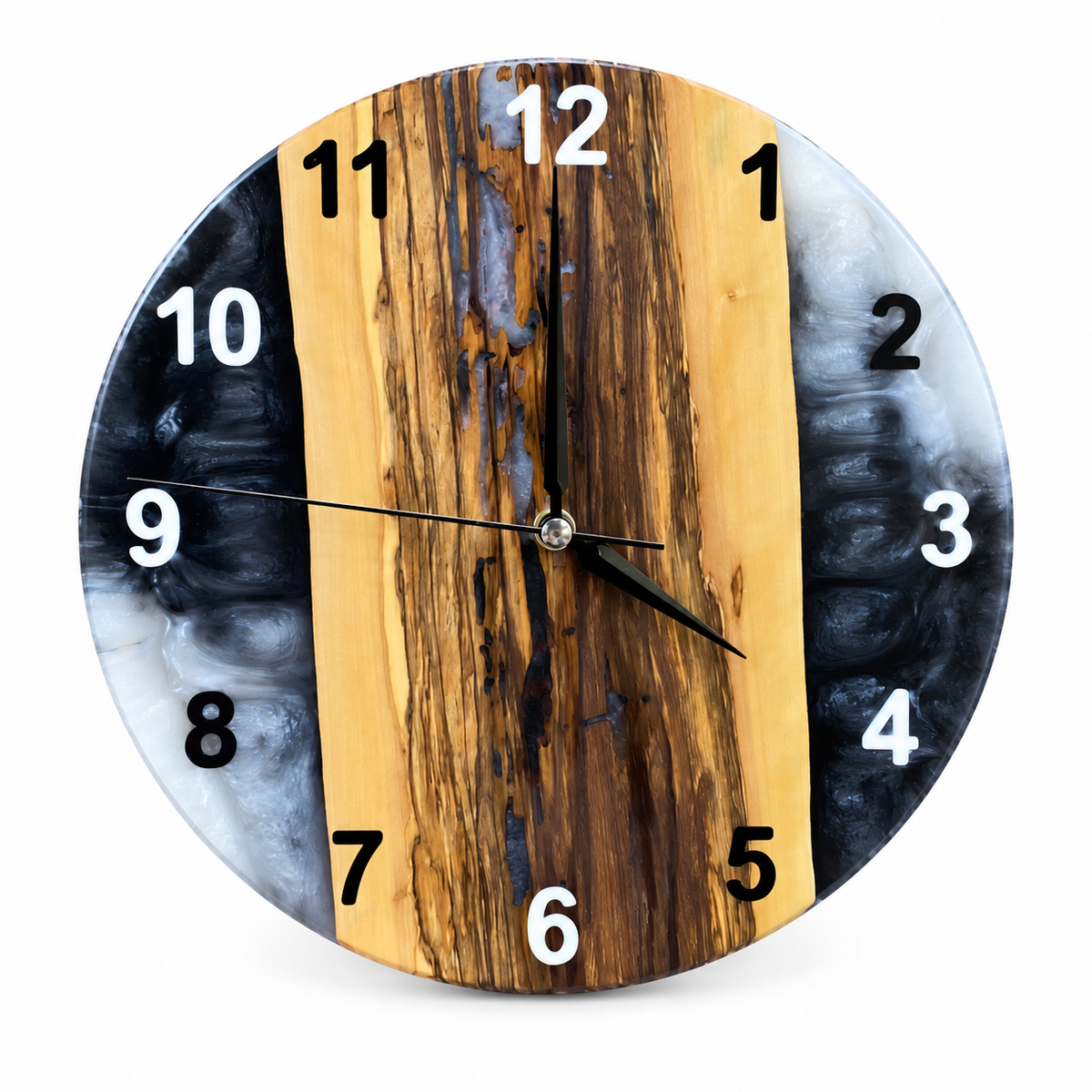 Charcoal Divide Olive Wood & Resin Wall Clock in black and pearly white on a white background