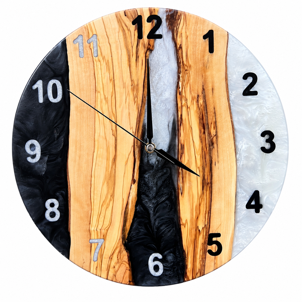 Charcoal Pearl Canyon Olive Wood & Resin Wall Clock — full front view on white
