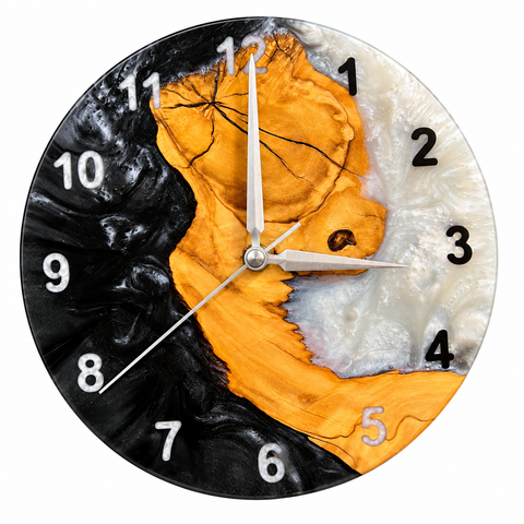 Charcoal Pearl Crescent Olive Wood & Resin Wall Clock — full front view on white