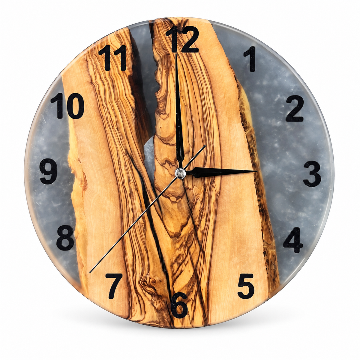 Charcoal Pearl Ridge Olive Wood & Resin Wall Clock — front view on white