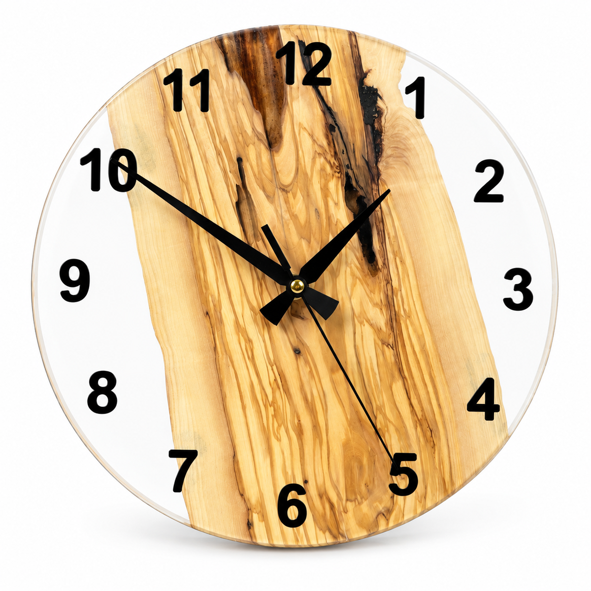 Clear Grain Olive Wood & Resin Wall Clock in clear resin on a white background