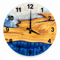 Coastal Branch Olive Wood & Resin Wall Clock in blue and white on a white background