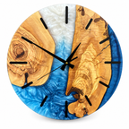 Coastal Inlet Olive Wood & Resin Wall Clock — full front view on white