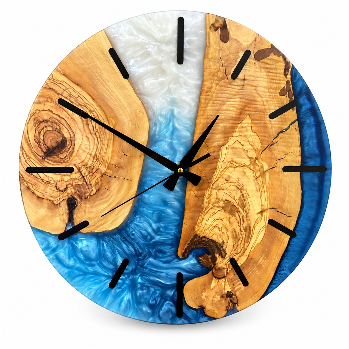 Coastal Inlet Olive Wood & Resin Wall Clock in blue and white on a white background