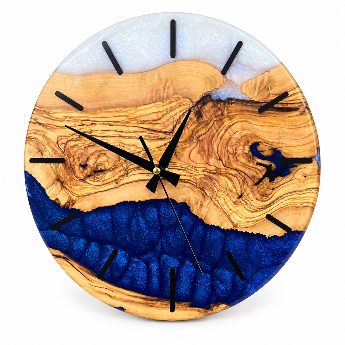 Cobalt Coast Olive Wood & Resin Wall Clock in deep blue and pearly white on a white background